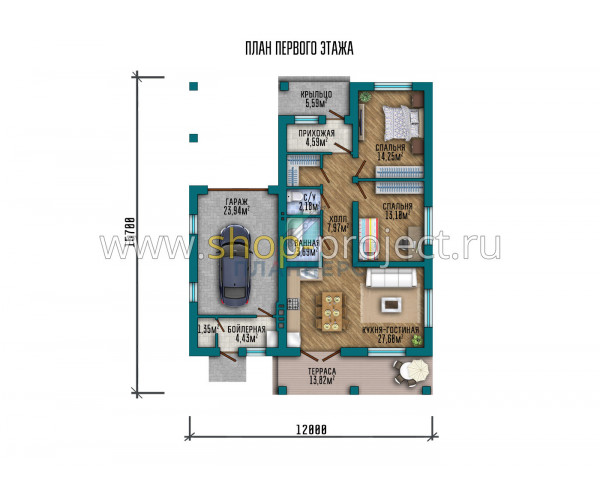 S2-115. Проект одноэтажного дома с гаражом и с навесом для второго авто (153-115-1Г)